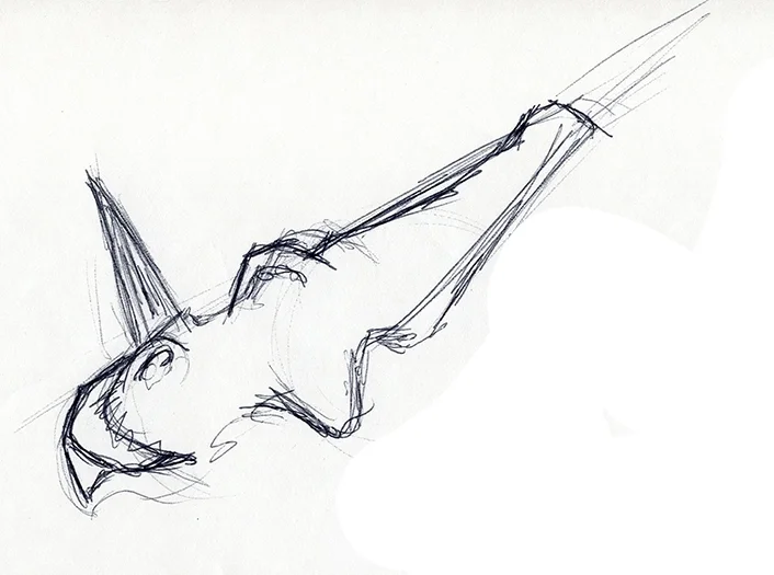 Sketch of a fish with an open mouth, eyes, and fins, drawn with quick, rough lines.