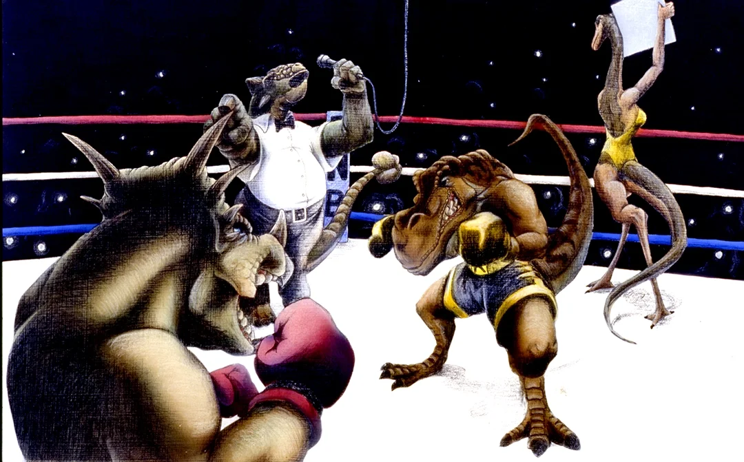 Boxing match between anthropomorphic dinosaurs and a cat-like boxer in a ring at night.