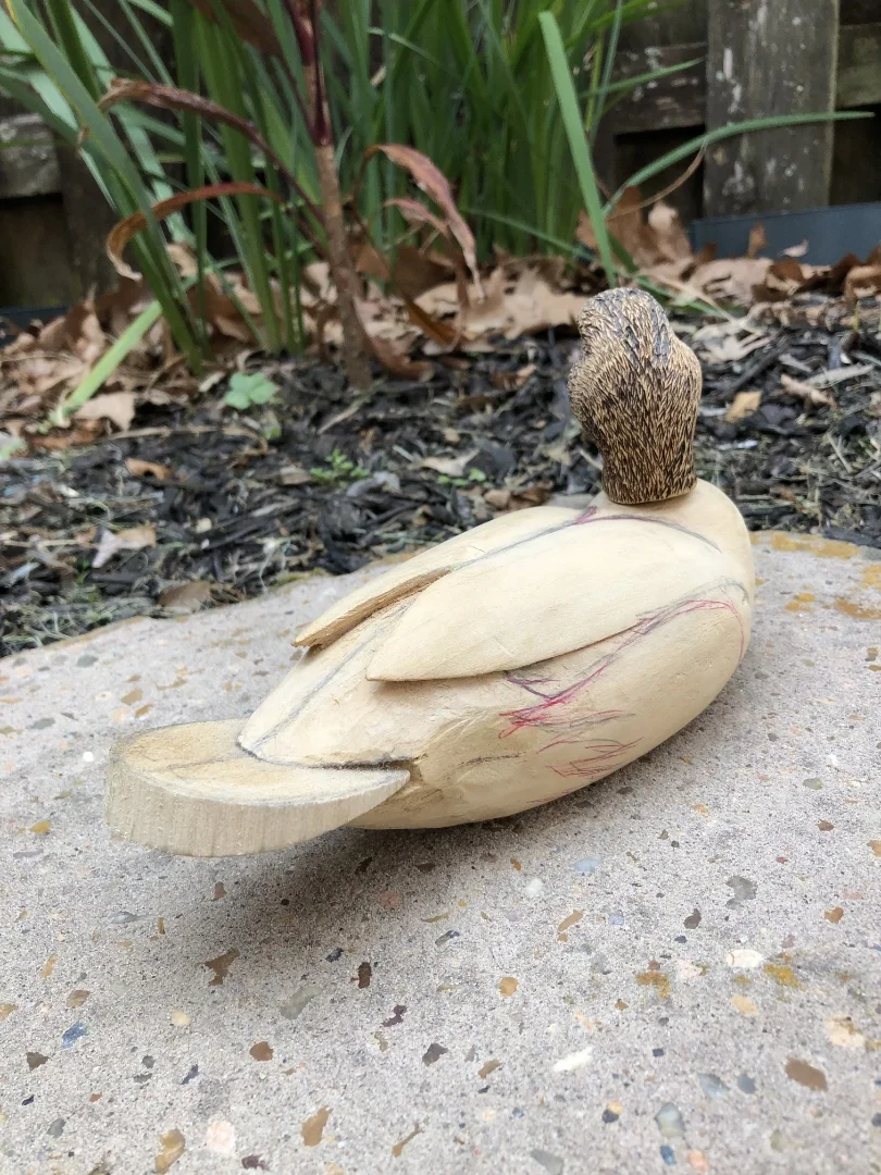 Wooden carving of a duck with a real textured head placed on top, set outdoors on a concrete surface with fallen leaves and garden plants in the background.