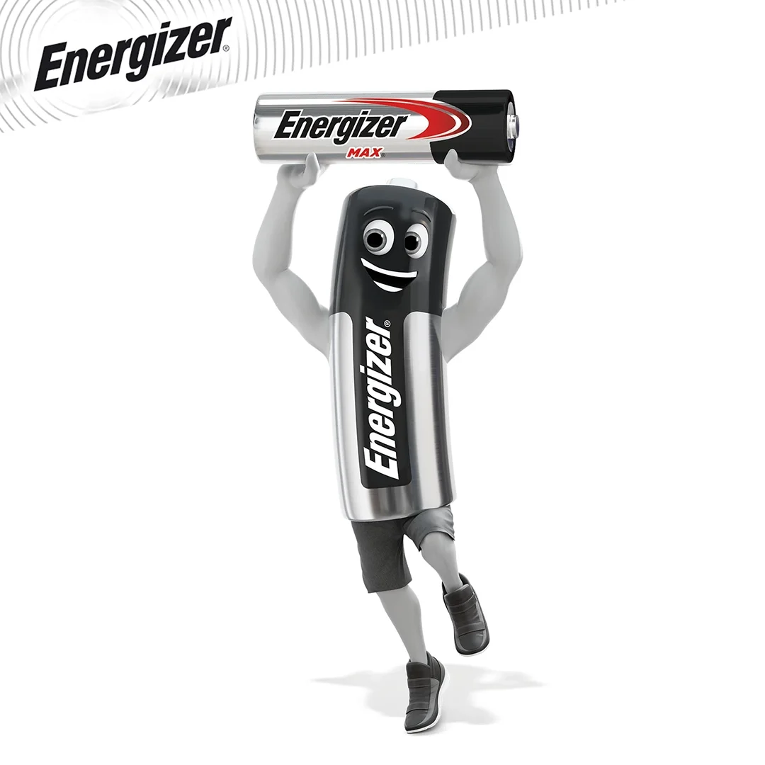 A cartoon character of a smiling Energizer battery with white arms and legs, holding a larger Energizer Max AA battery above its head, against a plain background.