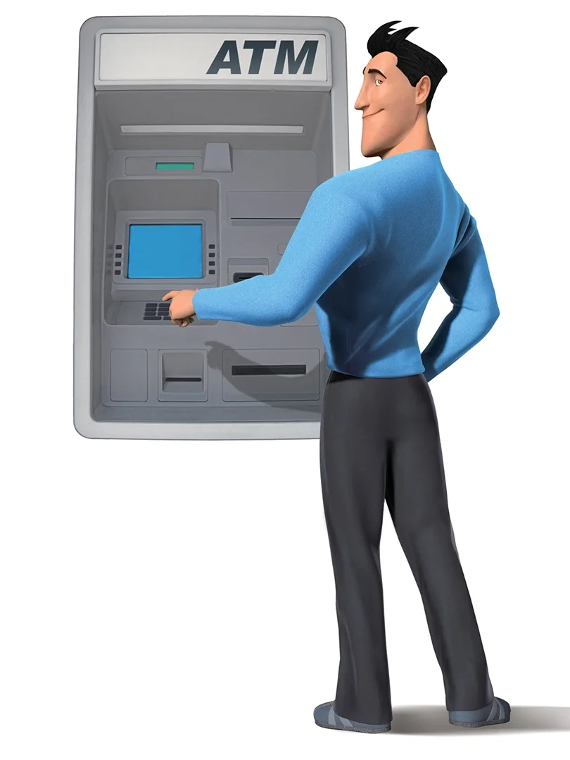Cartoon man in blue shirt using an ATM machine.