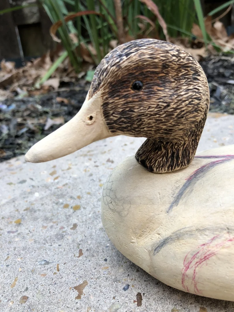 Decorative duck figurine with a painted carved wooden head, beige body with faint sketches, placed outdoors on concrete with grass and dried leaves in the background.