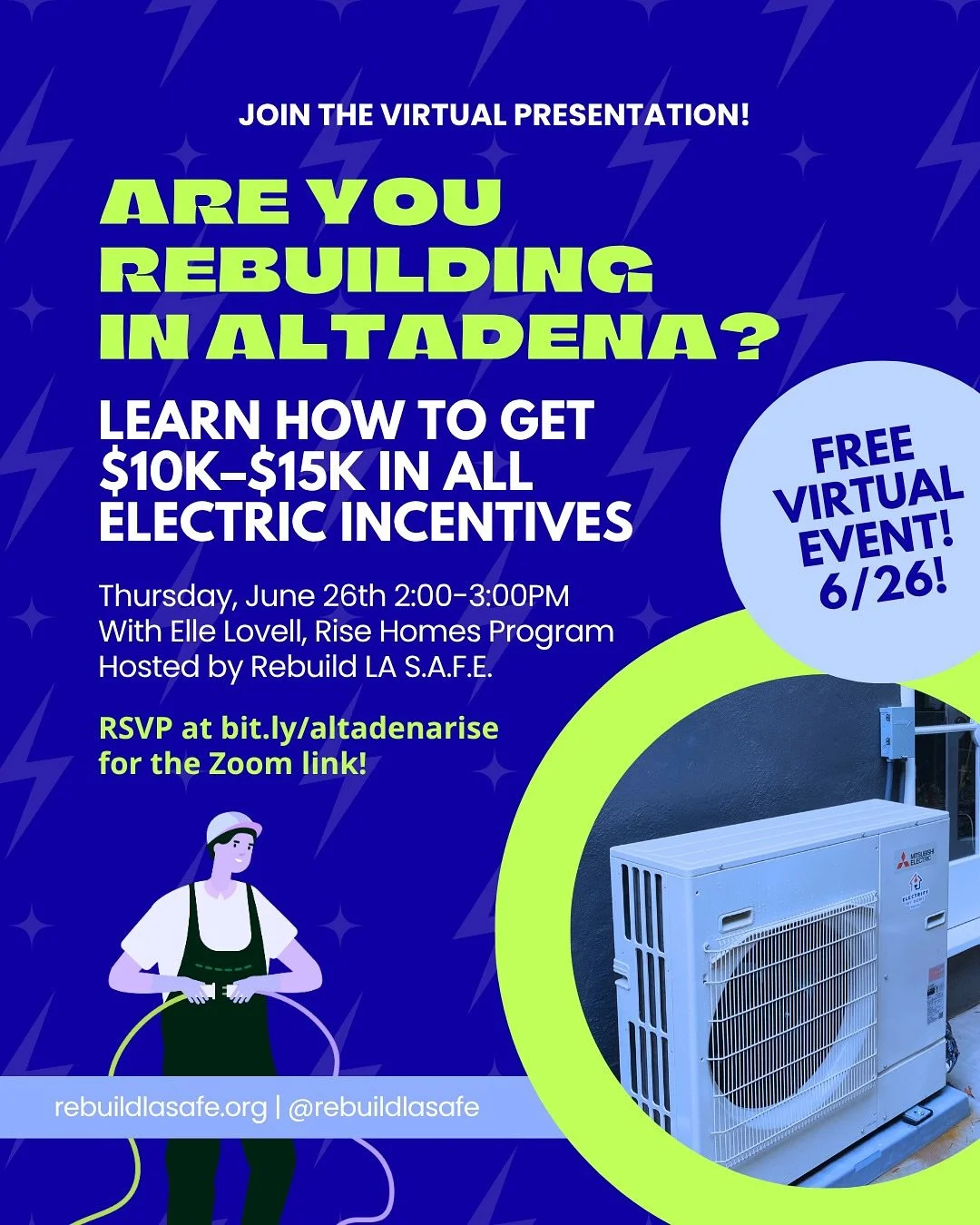 🚨POSTPONED🚨 No longer happening on 6/26! Stay tuned for updates. 
••••
Are you rebuilding your home in Altadena?
Join us for a virtual session to learn how you could receive $10,000–$15,000 in incentives and expert supp