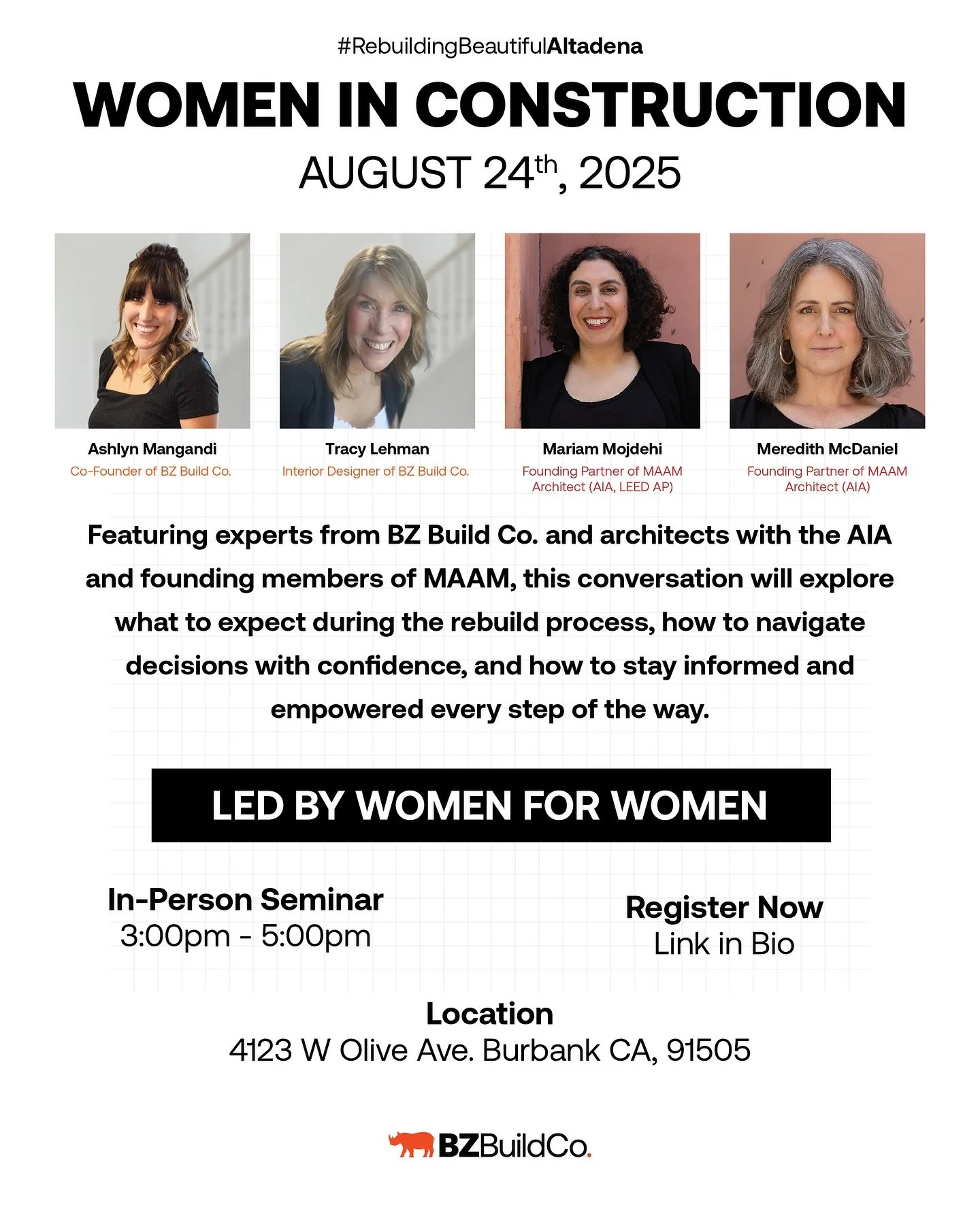 ✨ Women in Construction ✨
Join us August 24th for a powerful conversation led by women from BZ Build Co. and MAAM/AIA on what to expect during the rebuild process, how to navigate decisions with confidence, and ways to feel empowered every step of th
