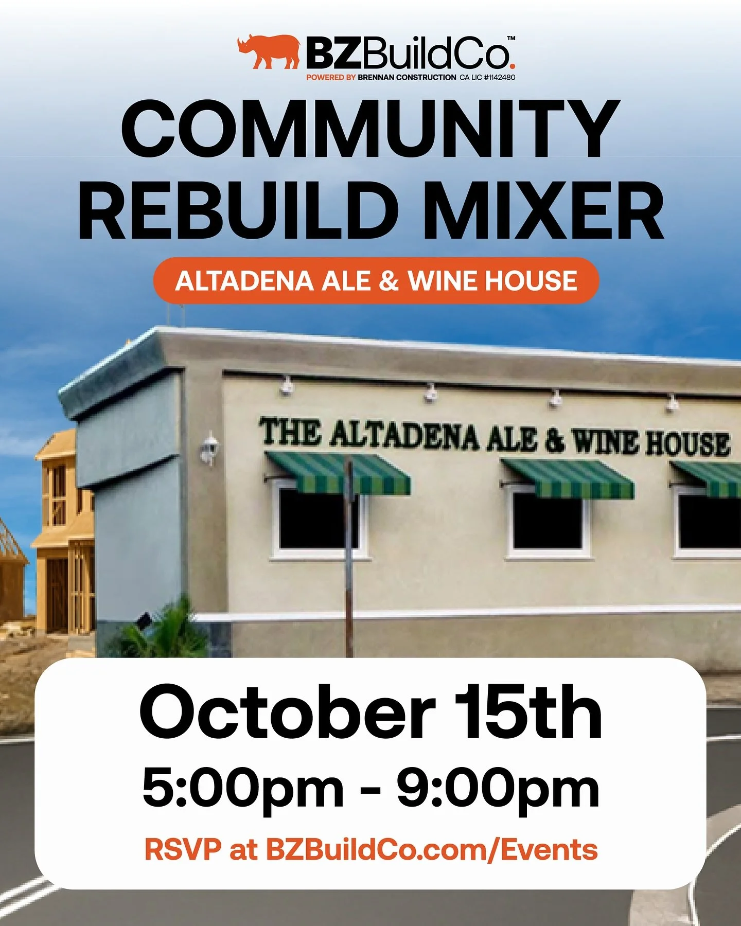 Join us for the Community Rebuild Mixer at Altadena Ale &amp; Wine House 🍷🏡 Wednesday, October 15 &middot; 5&ndash;9 PM

An evening to connect with neighbors, ask questions about the rebuild process, and enjoy great food and drinks on us. Meet the 