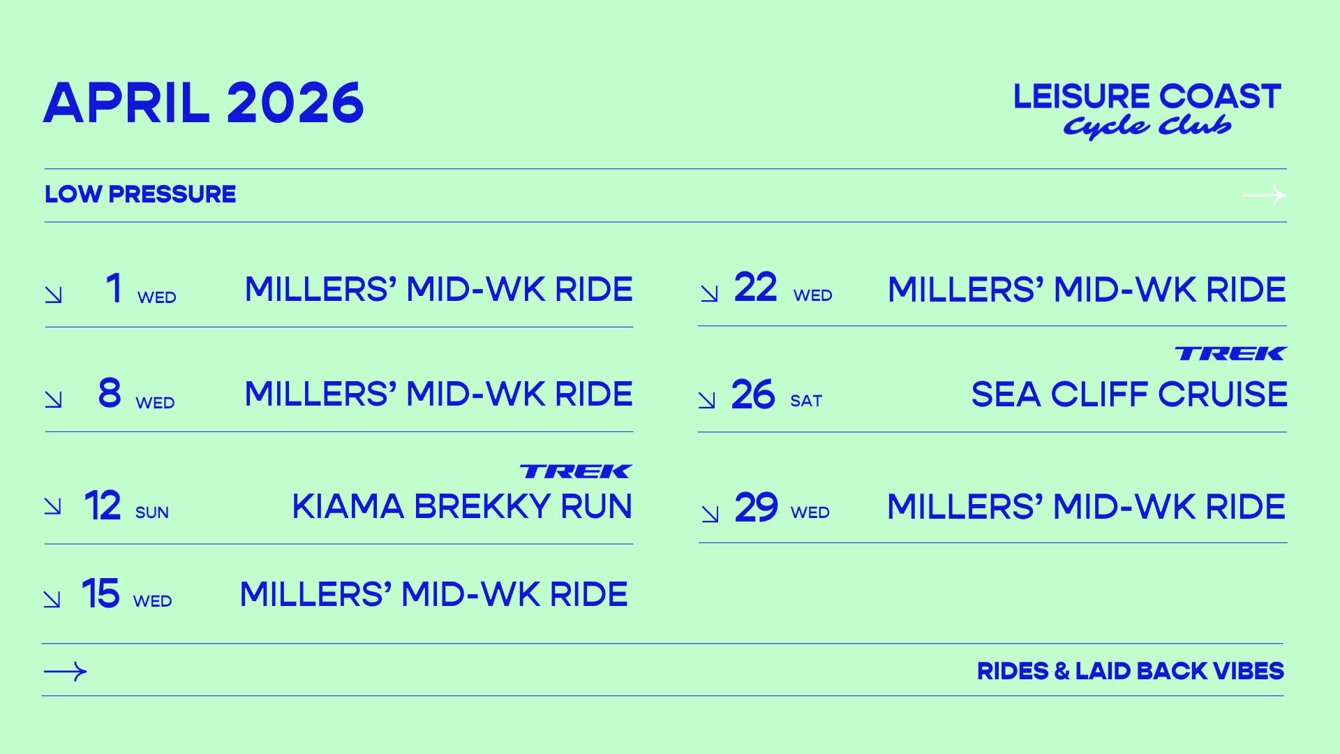 April 2026 schedule for Leisure Coast Cycle Club, with rides listed on Wednesdays, Sundays, and Saturdays, including details for rides like Miller's Mid-Week Ride, Kiama Breky Run, and Sea Cliff Cruise, on a light green background with blue text.