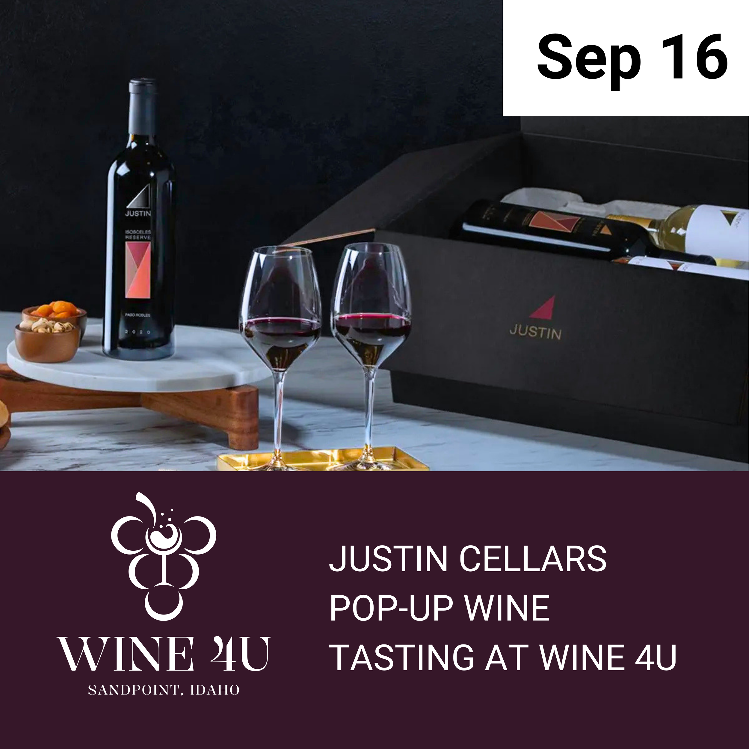 Sept 16 - Justin Cellars Pop-Up Wine Tasting  -  | 5:30–7:30 PM