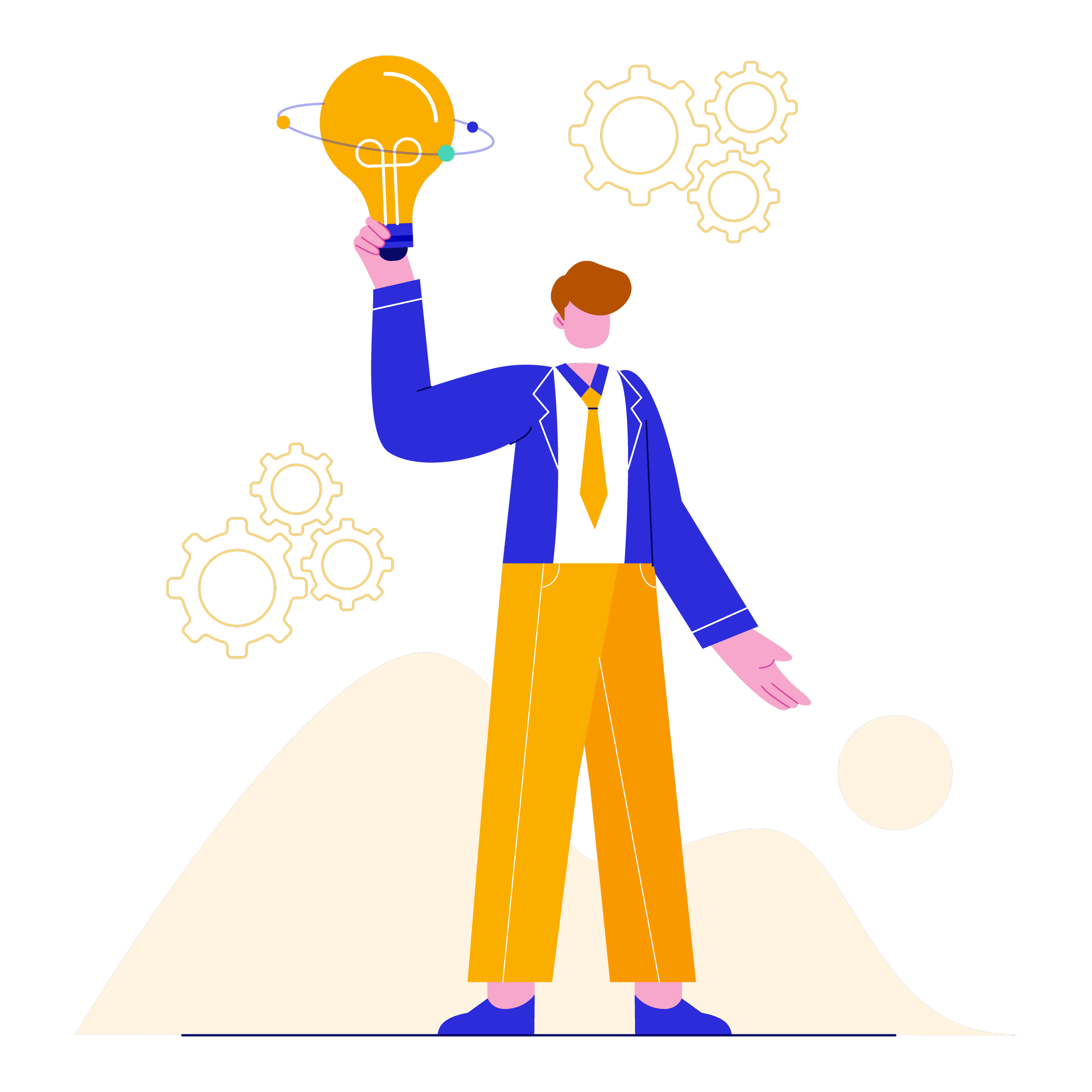 Illustration of a man in a business suit holding a glowing light bulb above his head, with gear icons floating around him, symbolizing ideas and innovation.