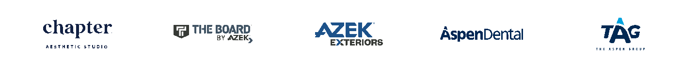 Logos for companies Ive worked with, including: Chapter Aesthetic Studio, The Board by AZEK, AZEK Exteriors, Aspen Dental, The Aspen Group, Motto, Dyson, TimberTech,Justice retail etc.