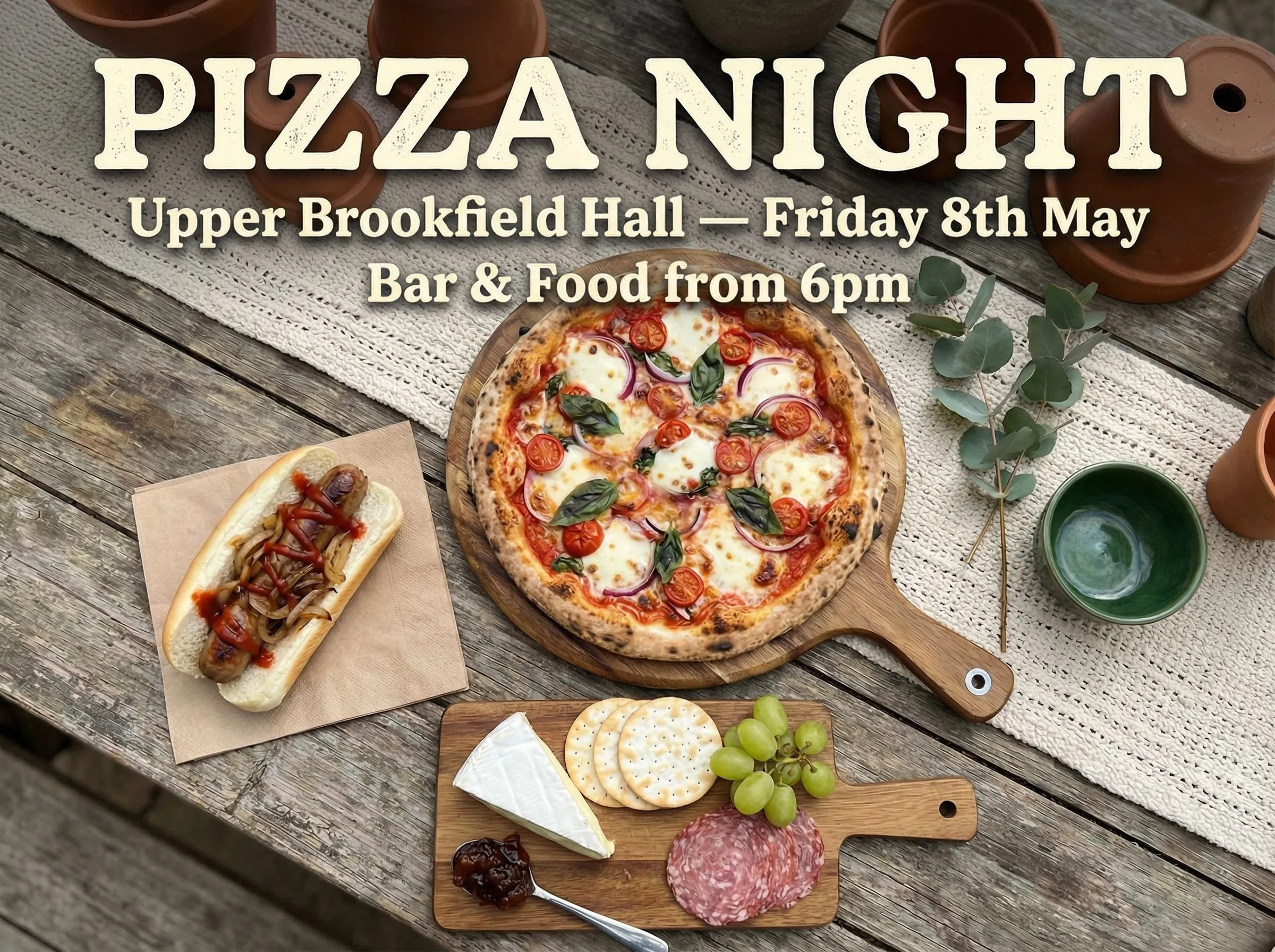 A flyer for a pizza night event featuring a table of food including a pepperoni pizza, a hot dog topped with onions and ketchup, and a cheese platter with crackers, grapes, and cured meats, set on a rustic wooden table.