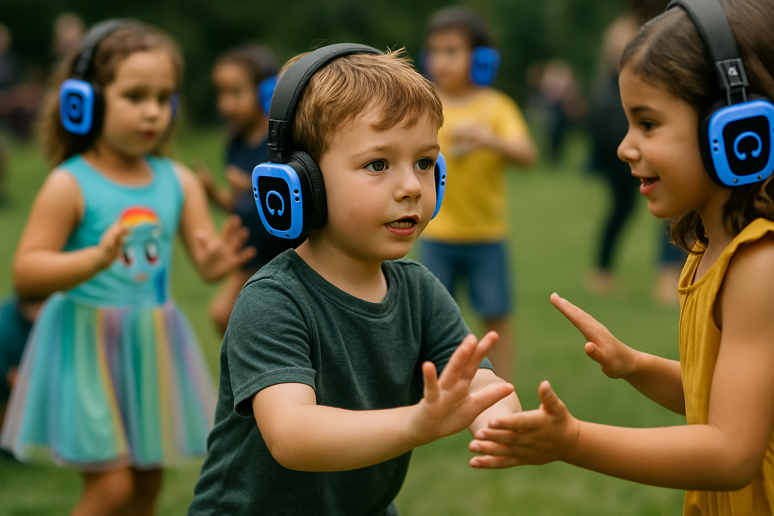 Children playing and dancing outdoors, wearing large blue and black headphones, engaging with each other. The background shows more kids outdoors on a grassy area. at byron bay silent disco.