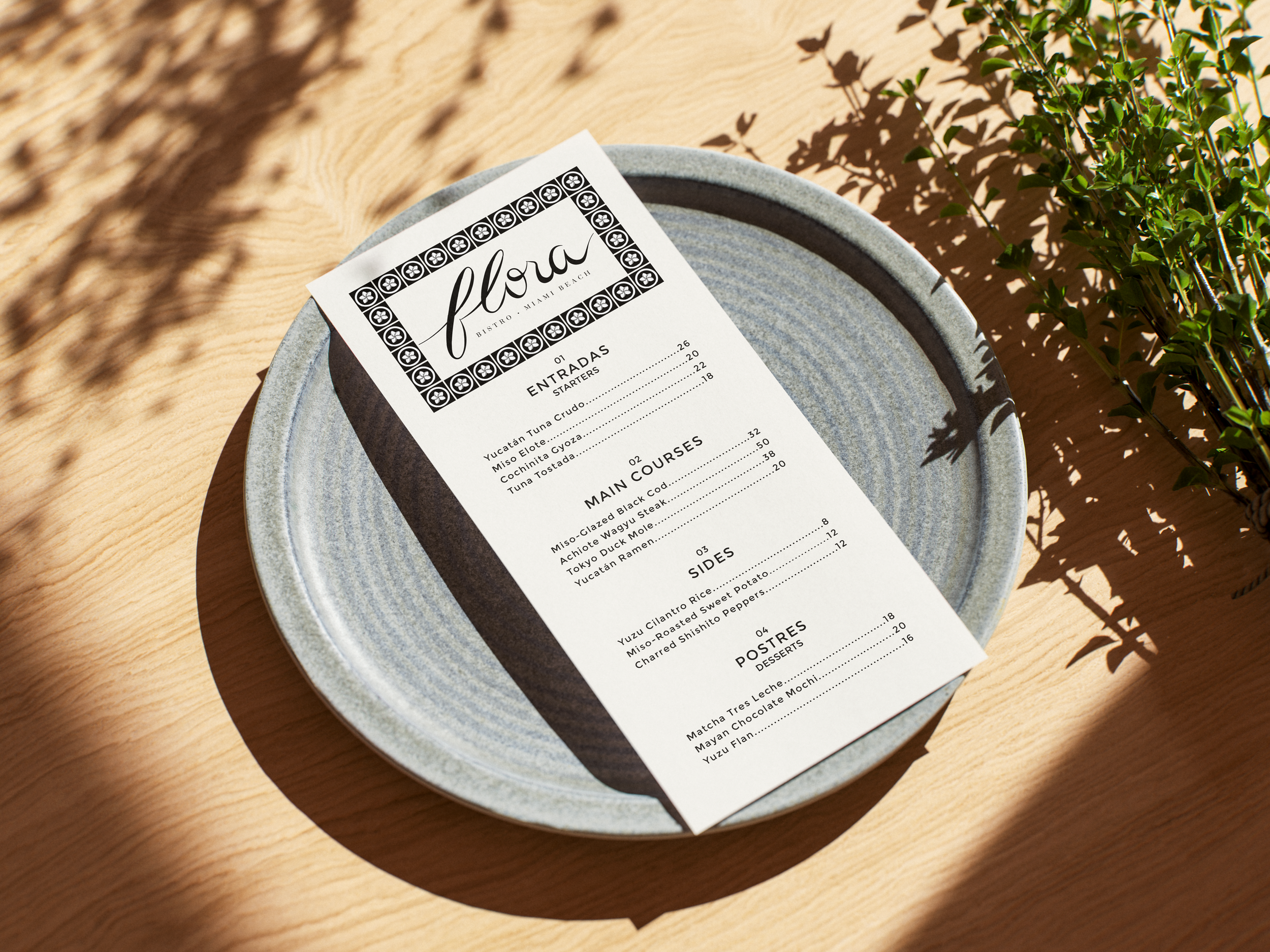 For this self-directed concept, I designed the identity and menu system for Flora, a luxury Mexican-Japanese fusion restaurant inspired by Tokyo minimalism and Mayan heritage. The visual language blends the geometry of Huichol yarn art and the native