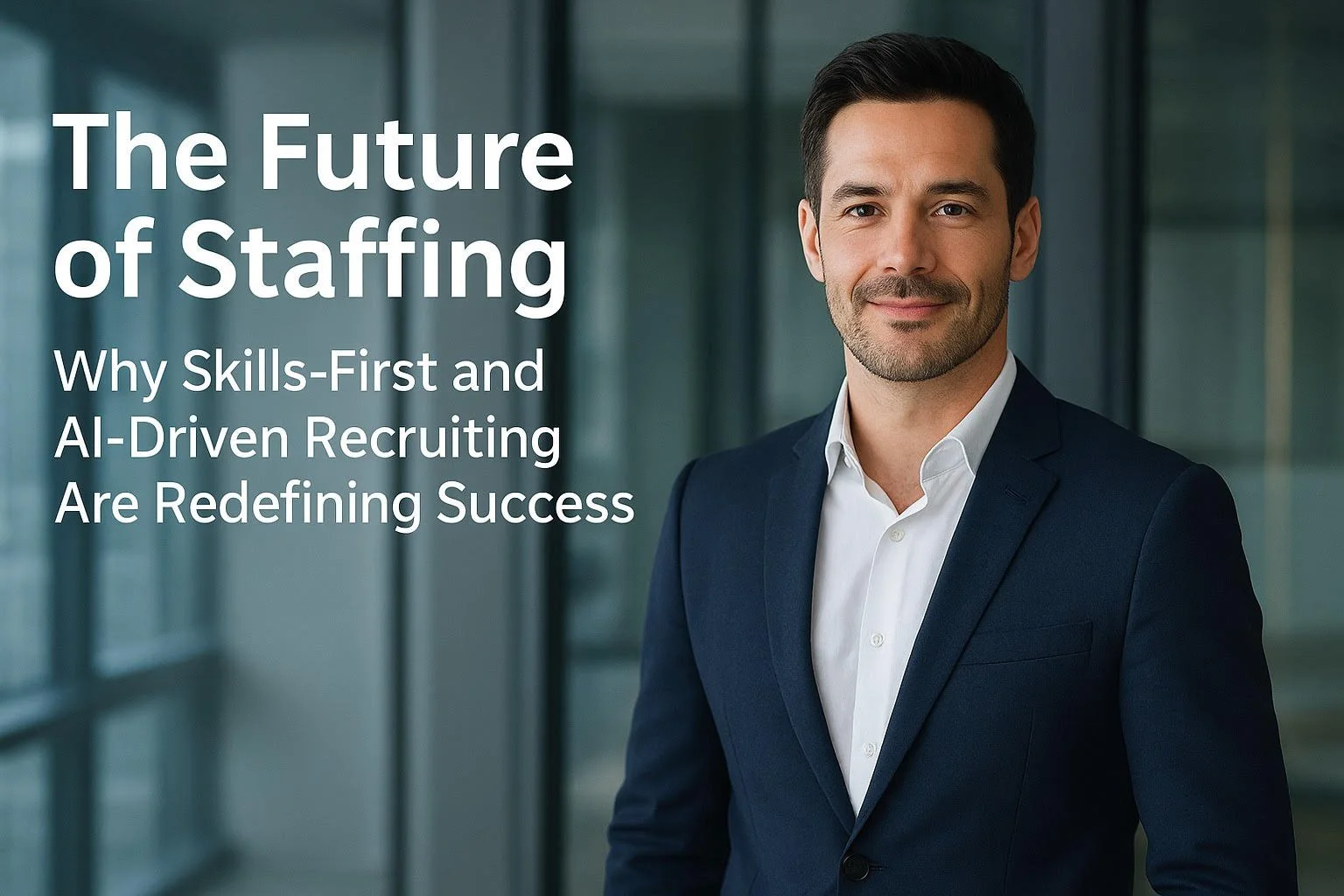 A confident man in a business suit standing in a modern office building with glass walls, smiling at the camera, with a text overlay about staffing trends.