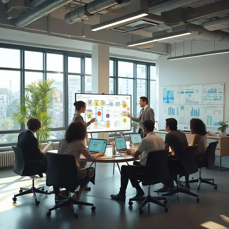 Business meeting in a modern office with a large digital screen displaying charts and graphs, and several team members using laptops.