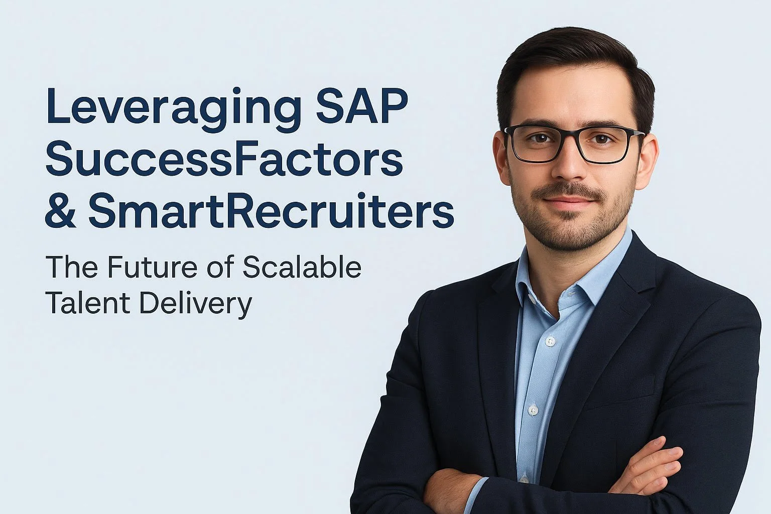 Professional man in glasses and business attire standing with arms crossed, posing in front of a light background with text about leveraging SAP SuccessFactors and smart recruiters for scalable talent delivery.