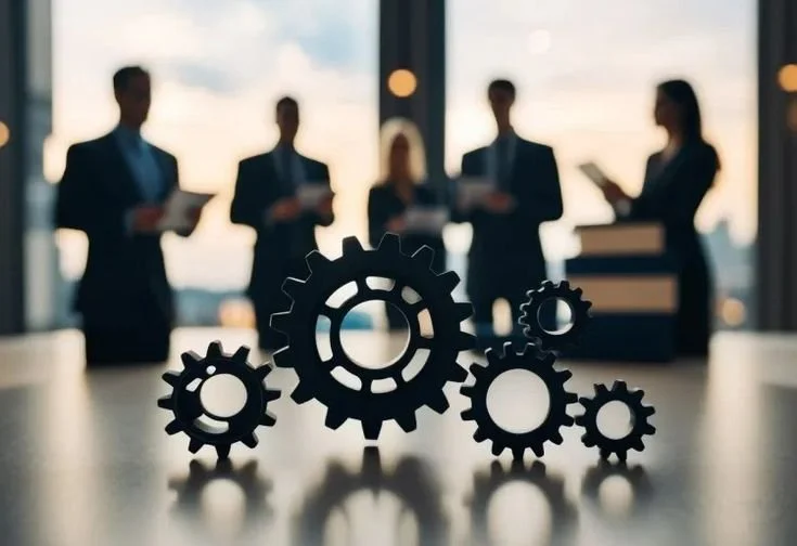 Silhouettes of four business professionals standing in a modern office, with a cityscape view through large windows, and black gear models on a table in the foreground.