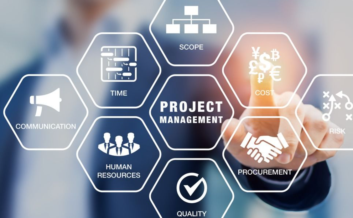 Digital graphic of hexagons with icons and text related to project management, including communication, time, scope, cost, risk, procurement, quality, human resources, and the central hexagon labeled 'Project Management.'