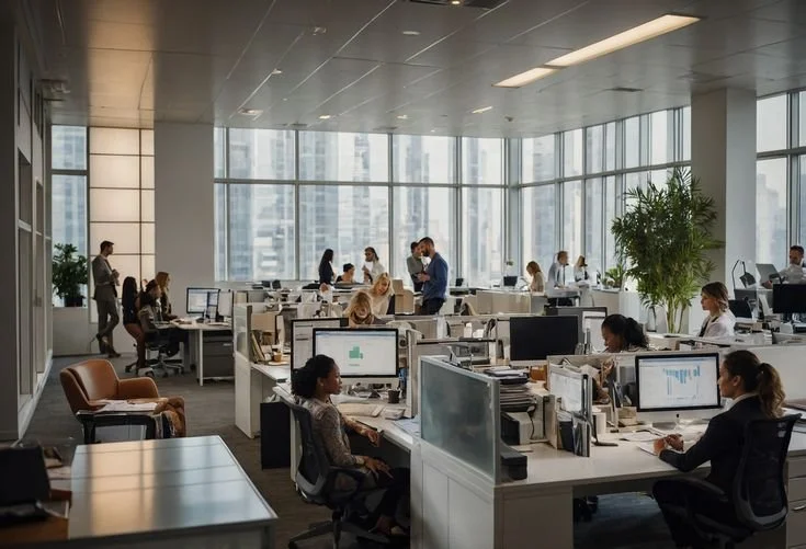 Open-plan modern office with employees working at desks, some standing, large windows showing cityscape, plants, and office equipment.