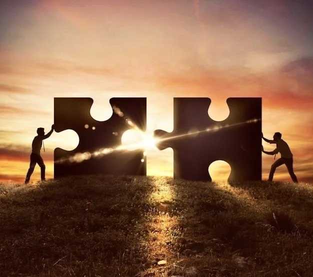 Two people are pushing giant puzzle pieces into place at sunset, with the sun shining through the gaps.