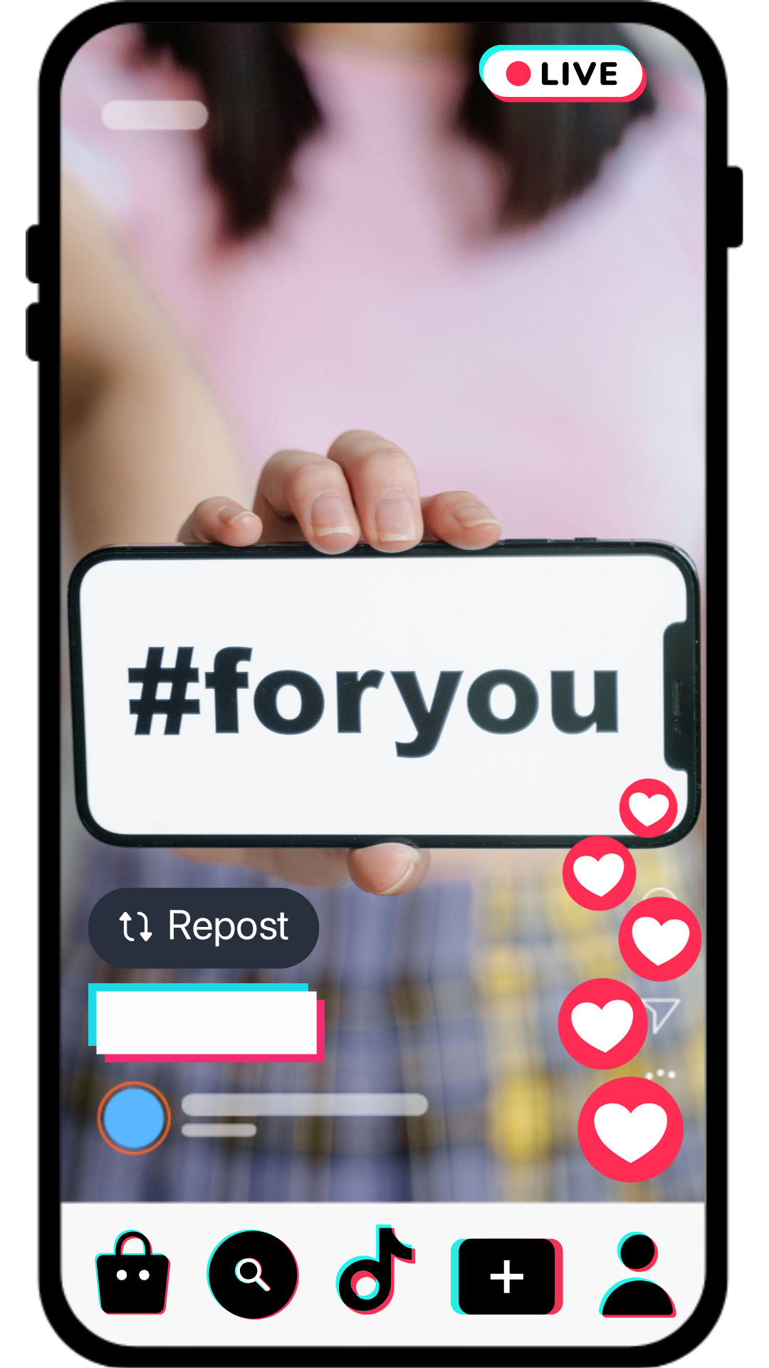 Person holding a smartphone displaying the hashtag '#foryou' on the screen during a live video from Live Sell Academy