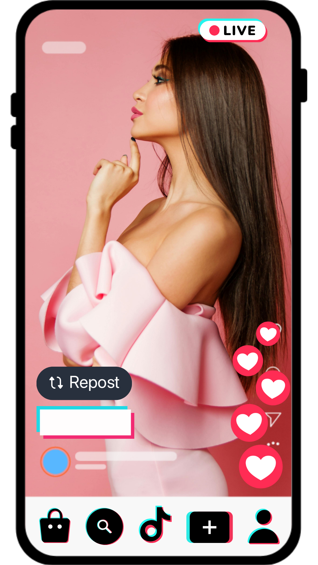 A woman with long brown hair and pink lipstick, wearing a pink off-the-shoulder outfit, is posing in a virtual social media live stream setting with a pink background and app interface elements from Live Sell Academy