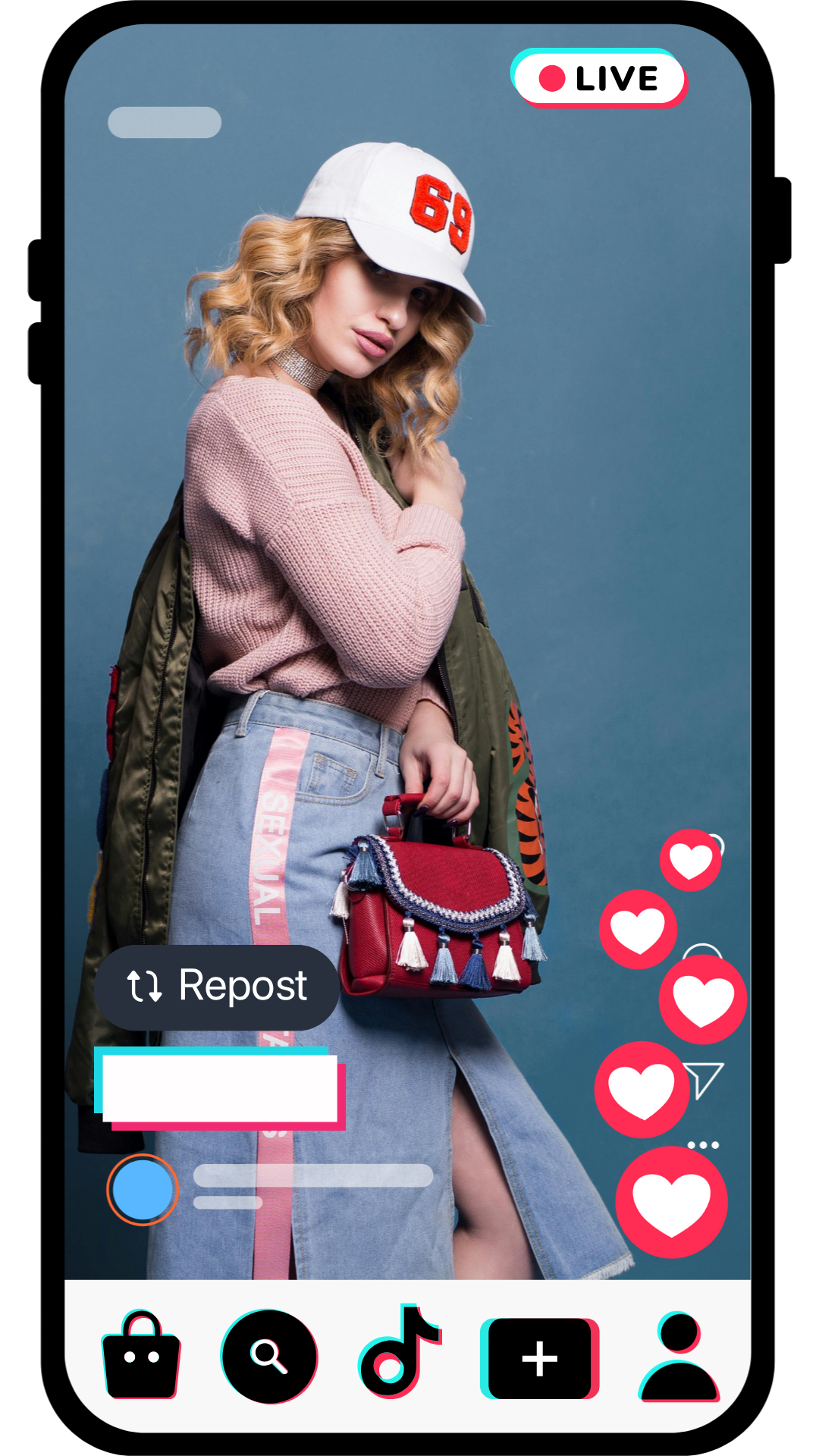 A young woman with blonde curly hair posing for a live video on social media. She wears a white cap with red lettering, a pink sweater, and a blue denim skirt with a slit from Live Sell Academy