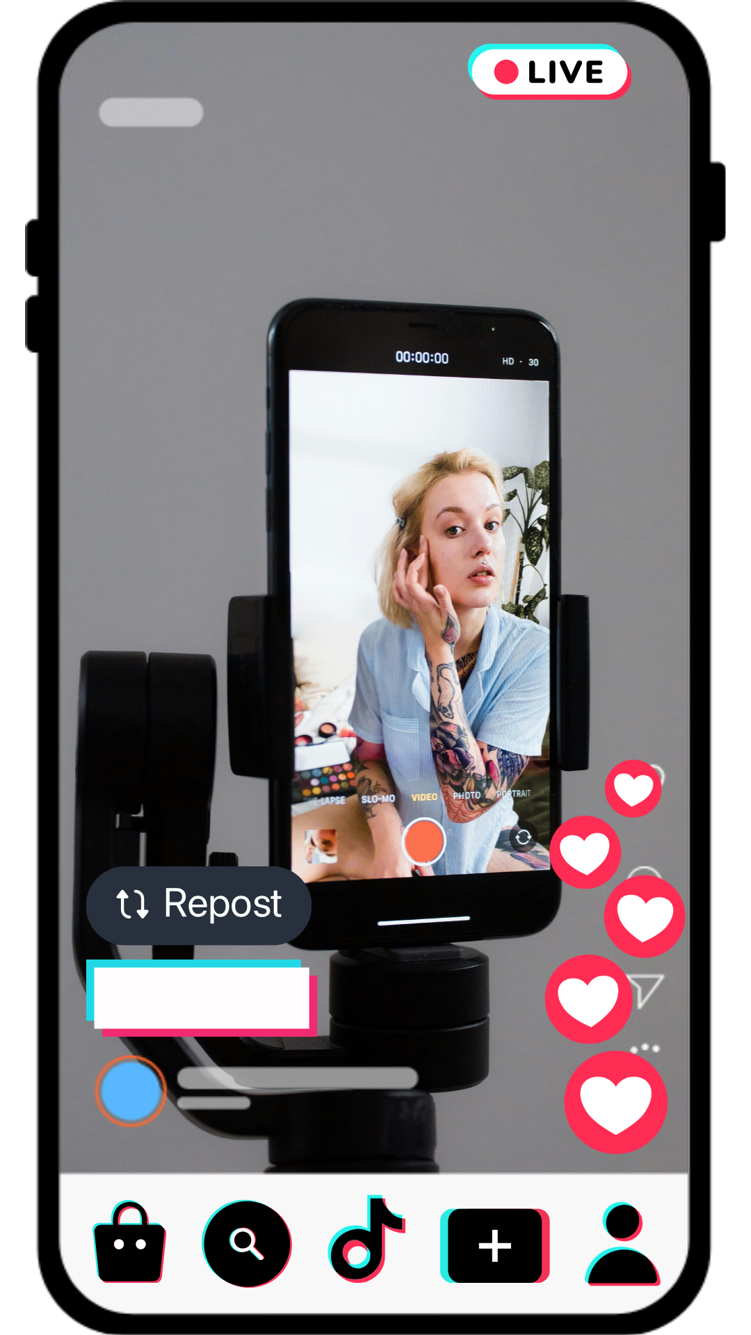 A person with tattoos on their arm recording a selfie video on a smartphone mounted on a tripod, with a TikTok interface visible on the screen from Live Sell Academy