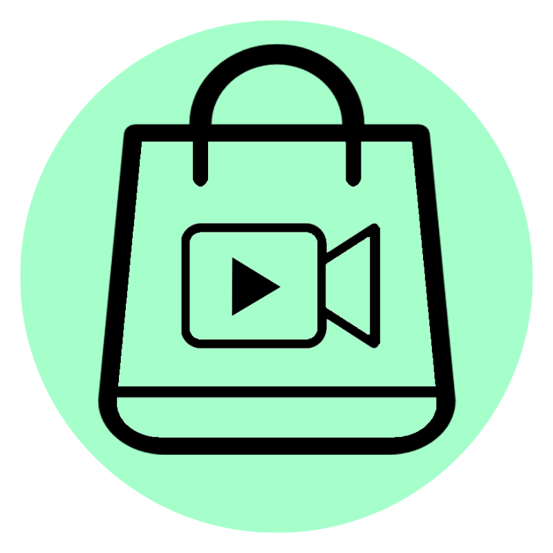 Shopping bag icon with a video play button inside it, representing online shopping for videos or digital media.