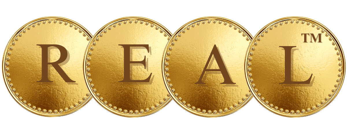 Logo for the REAL™ Method by Live Sell Academy showing four gold coins with the letters R, E, A, L engraved on them, spelling out the word "REAL"