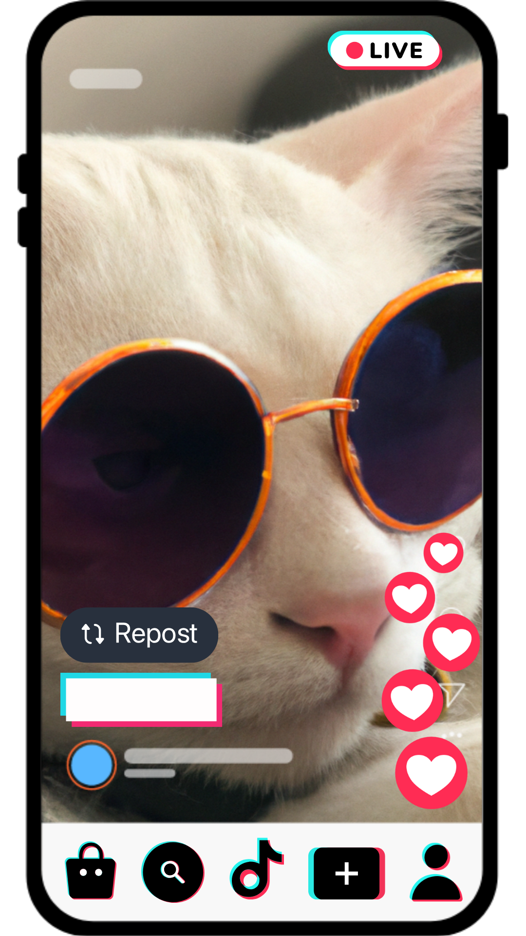 A white cat wearing round sunglasses with orange frames, viewed during a live social media broadcast from Live Sell Academy