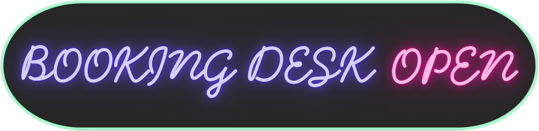 Neon sign reading “Booking Desk Open” in purple and pink cursive lettering