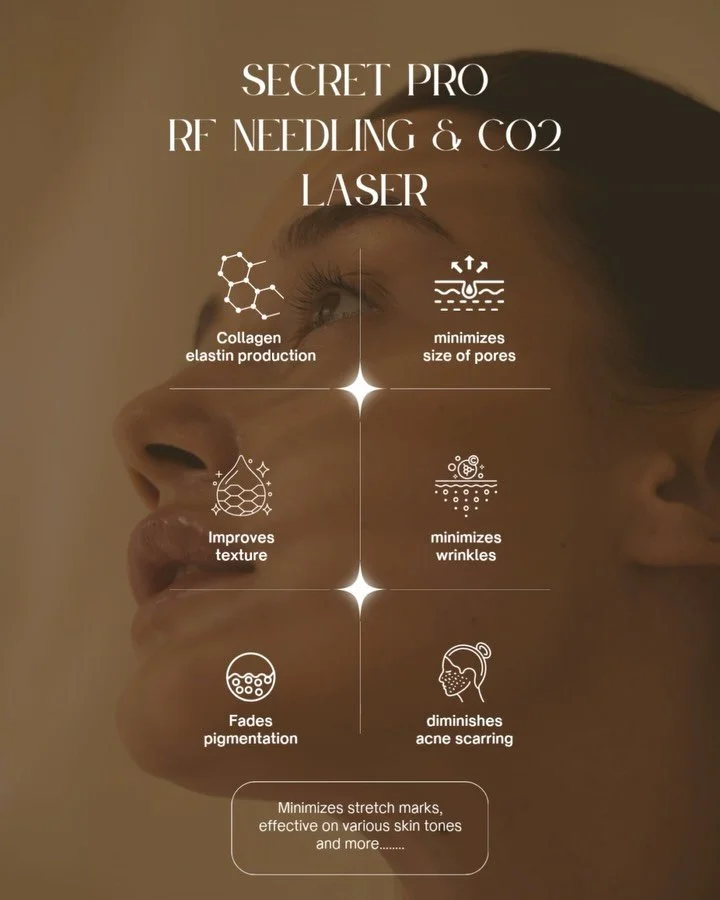 W H A T S  O U R  S E C R E T?
New to clinic, welcome the Secret Pro Device! 
&bull;
A dual platform that lets us use RF microneedling and fractional CO₂ laser independently or together&mdash;so we can target both surface texture and deeper dermal su