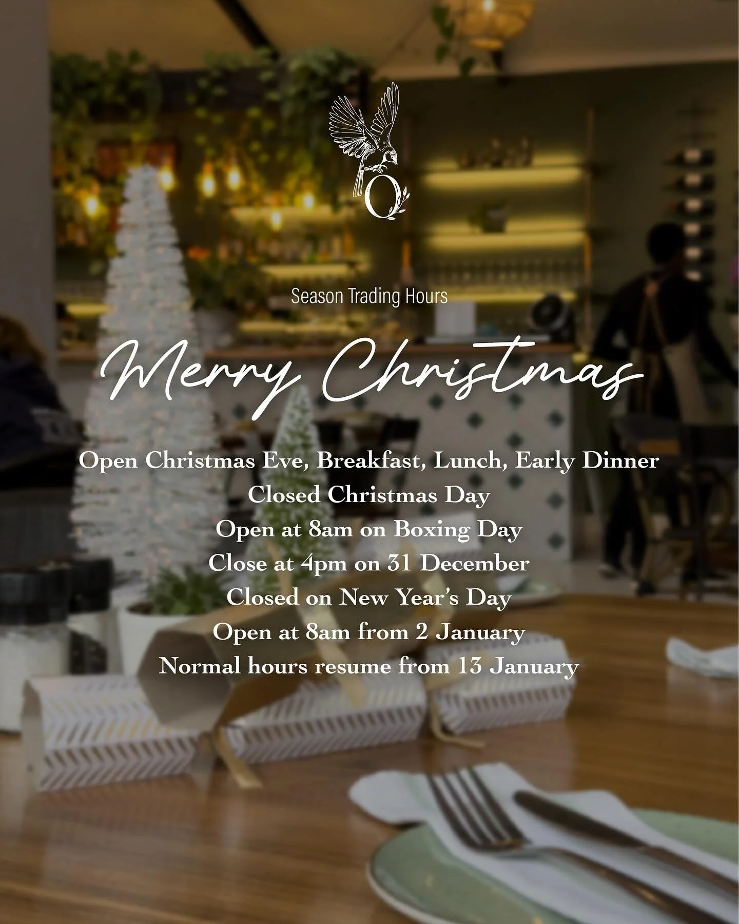 Christmas is around the corner&hellip; we wish you a peaceful time with your friends and family over Christmas and New Year, filled with love, joy and great food.

Please take note of these special trading hours at Caf&eacute; Sparrow over the next f