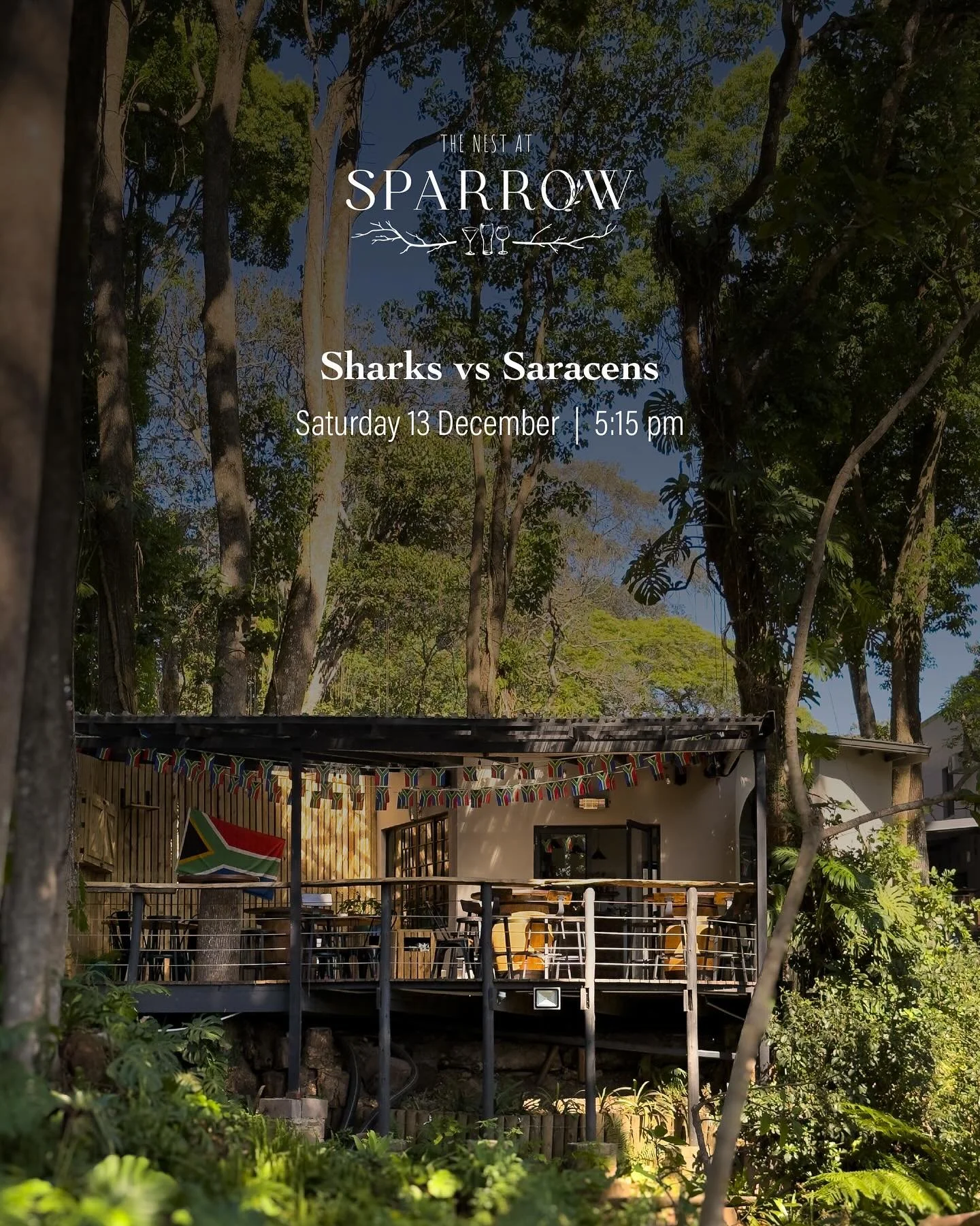The weekend is here! Time to unwind at The Nest at Sparrow. Join us for the Sharks Rugby game on Saturday 13 December at 5:15pm. We have a new outdoor deck so bring your friends and family.

#thenestatsparrow #sharksrugby