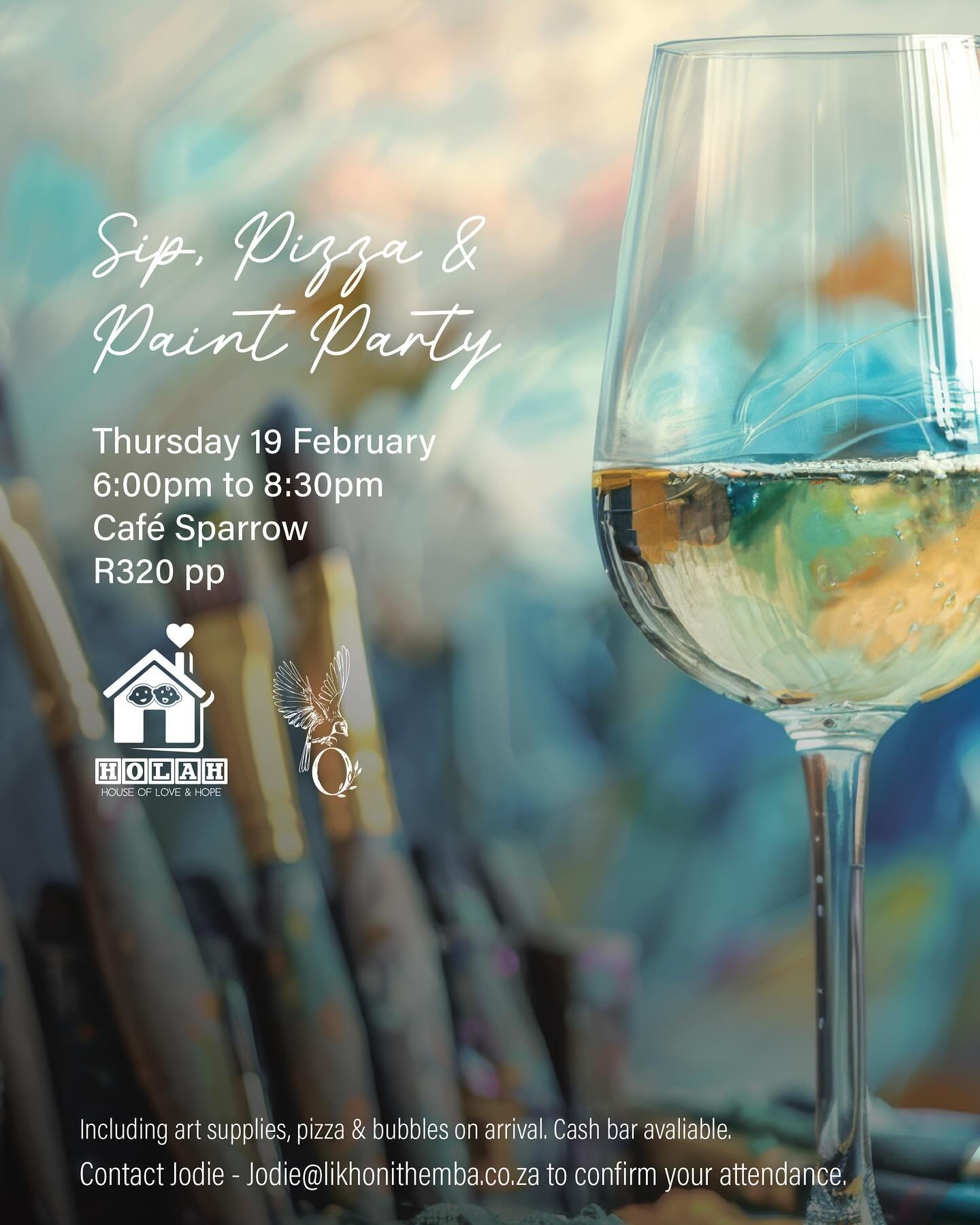 Join us on Thursday, 19 February, 6pm at Cafe Sparrow for a night of paint, pizza, bubbly and questionable artistic talent, all in support of the most deserving, precious children at @houseofloveandhope 

Tickets are R320 per person, which includes a