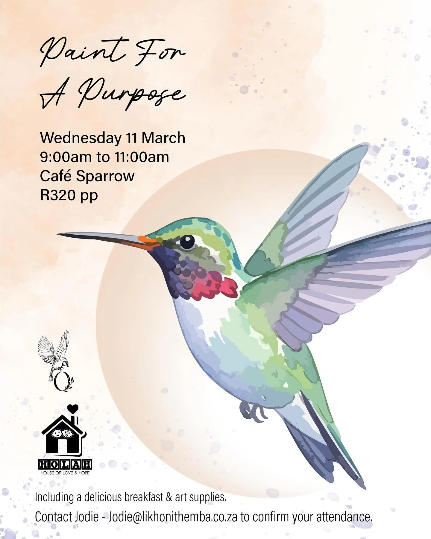 🎨☕ Paint For a Purpose &ndash; Breakfast Edition ☕🎨

Join us for a beautiful morning of creativity at Caf&eacute; Sparrow!

🗓 Wednesday, 11 March
⏰ 9am &ndash; 11am
💰 R320 per person (includes breakfast + all art supplies)

Enjoy a delicious brea