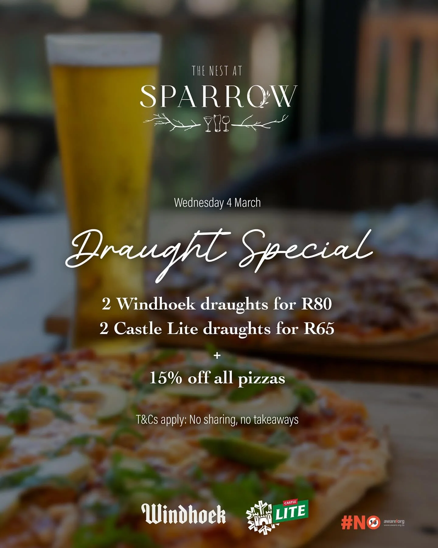 Join us at The Nest at Sparrow on Wednesday and enjoy our Draught and an our pizza special. Get 2 Windhoek Draughts for R80, or 2 Castle Lite Draughts for R65&hellip; and we are offering all our pizzas at 15% off.

Why not combine it with the T-20 se