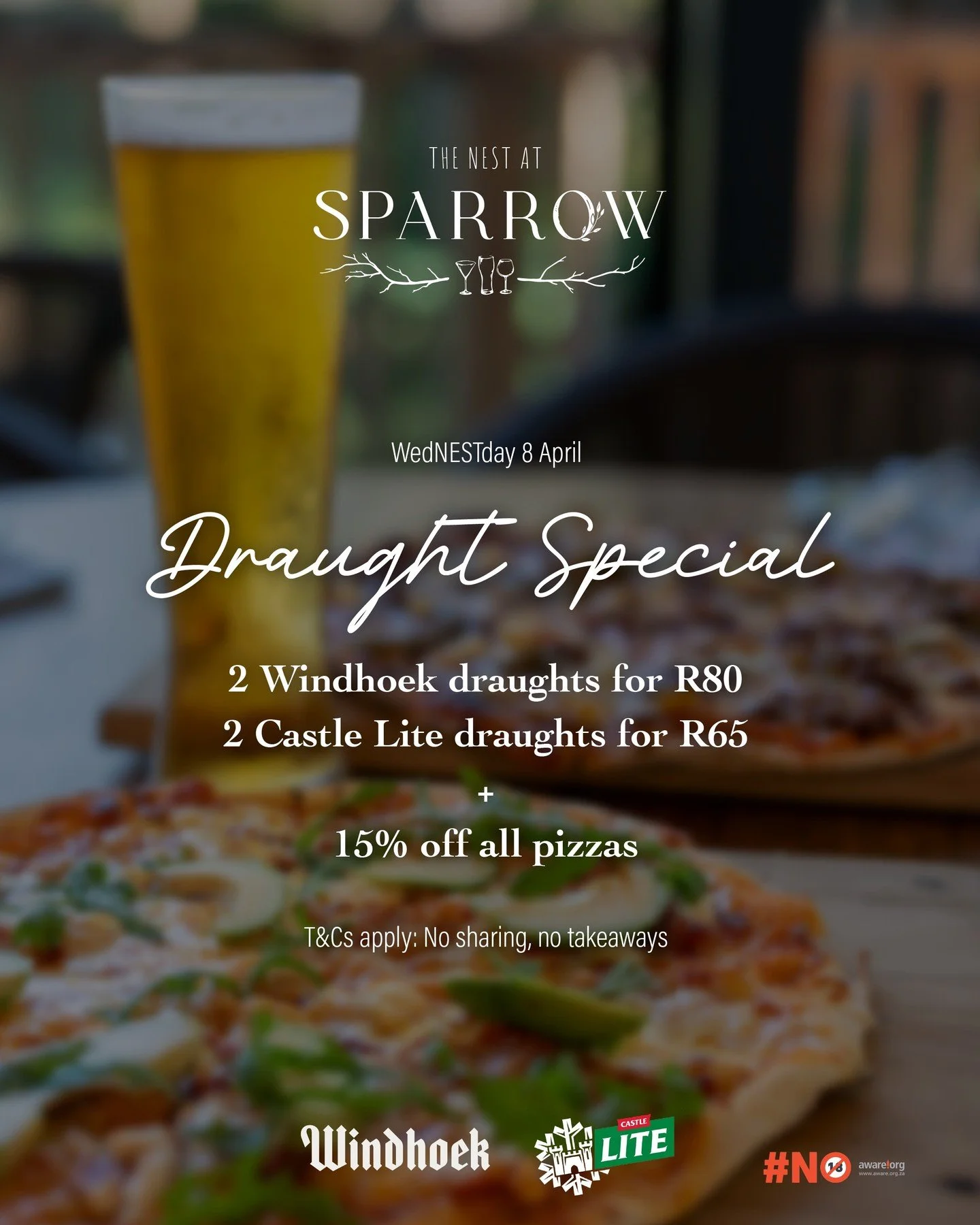 Join us at The Nest at Sparrow on Wednesdays and enjoy our Draught and an our pizza special. Get 2 Windhoek Draughts for R80, or 2 Castle Lite Draughts for R65&hellip; and we are offering all our pizzas at 15% off.

T&amp;Cs apply: no sharing, no tak