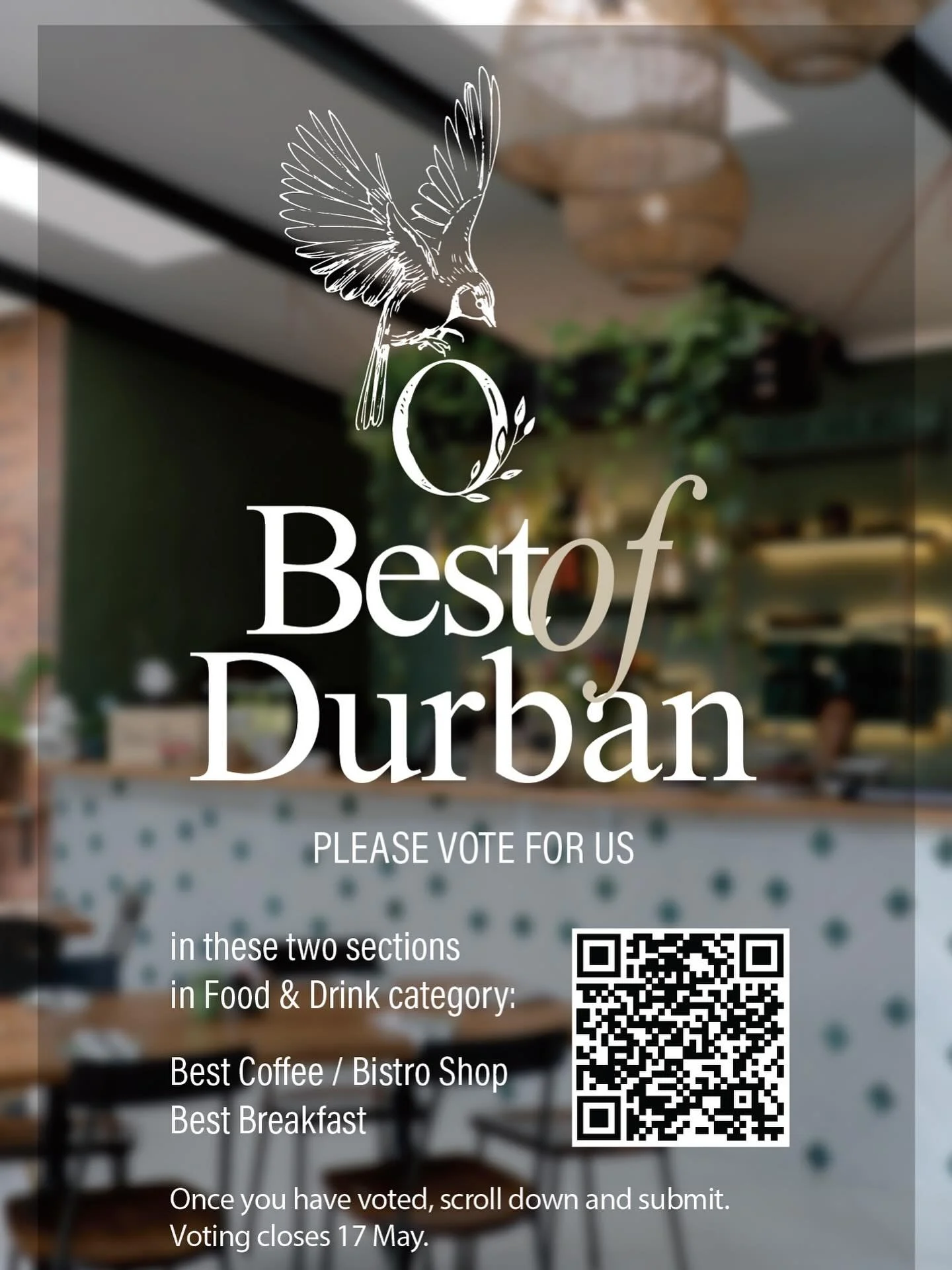 Thank you for your nominations. Now it&rsquo;s time to VOTE. Please click the link below and vote for Caf&eacute; Sparrow in two sections in the Food and Drink category: 

Best Coffee / Bistro Shop and 
Best Breakfast. 

Thank you to everyone for you