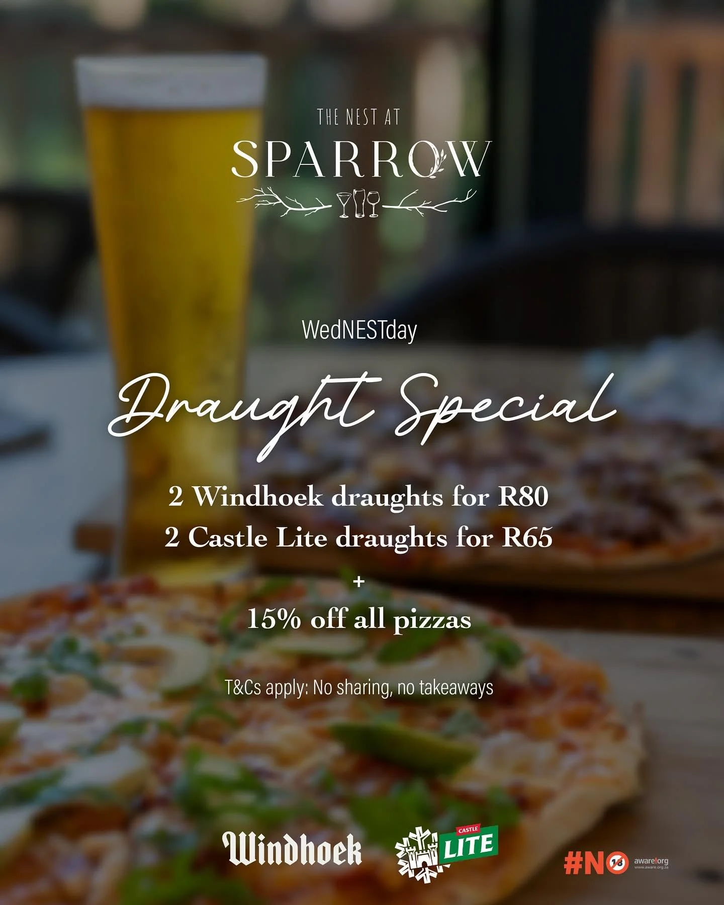 Join us at The Nest at Sparrow on Wednesdays and enjoy our Draught and pizza special. Get 2 Windhoek Draughts for R80, or 2 Castle Lite Draughts for R65&hellip; and we are offering all our pizzas at 15% off.

T&amp;Cs apply: no sharing, no takeaways.