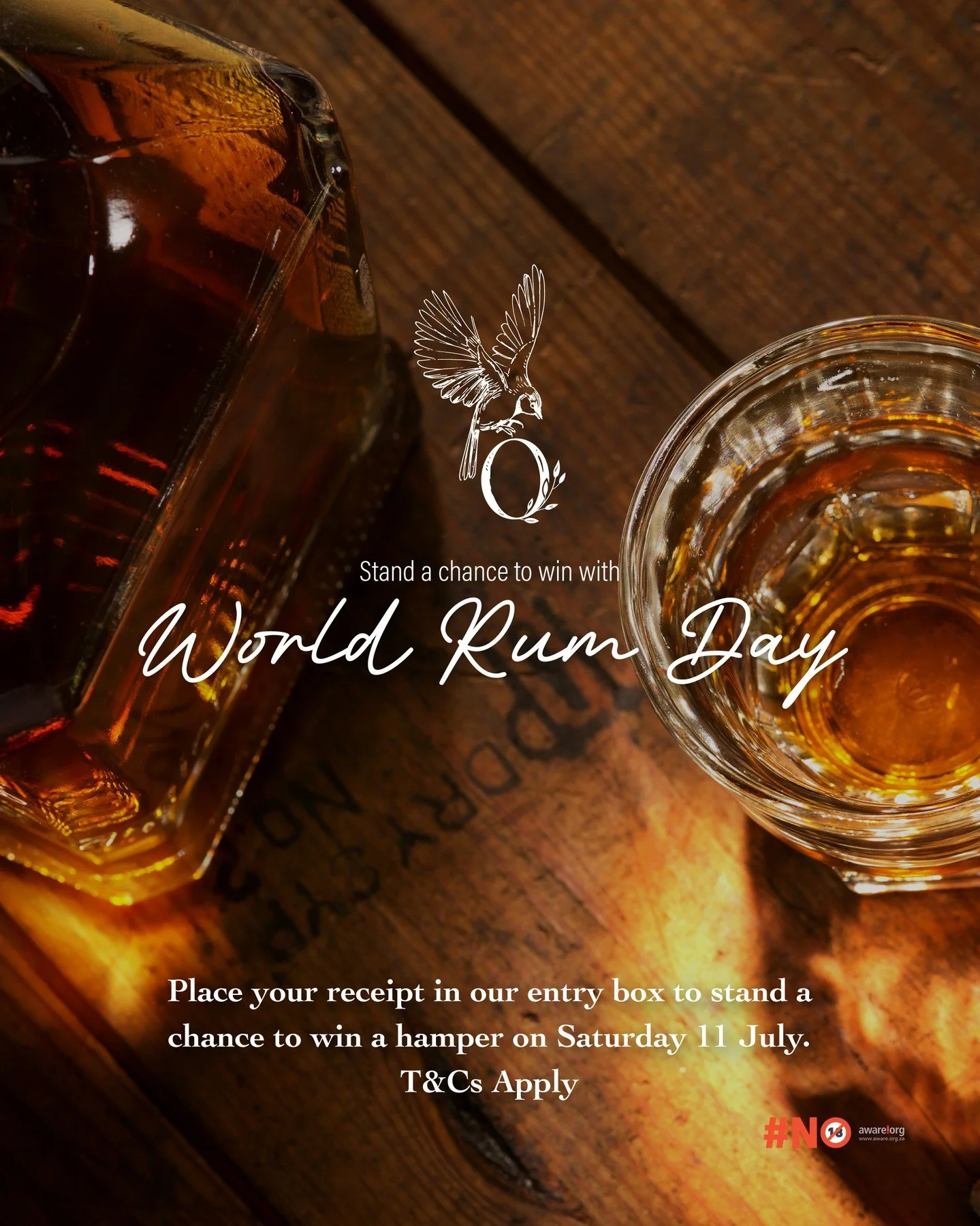 🥃 Celebrate World Rum Day with us this Saturday, 11 July!

Enjoy a meal with us, then pop your receipt into our entry box for a chance to WIN a fantastic hamper! 🎉

📅 Saturday, 11 July
🎁 Enter with any receipt for your chance to win.
T&amp;Cs app