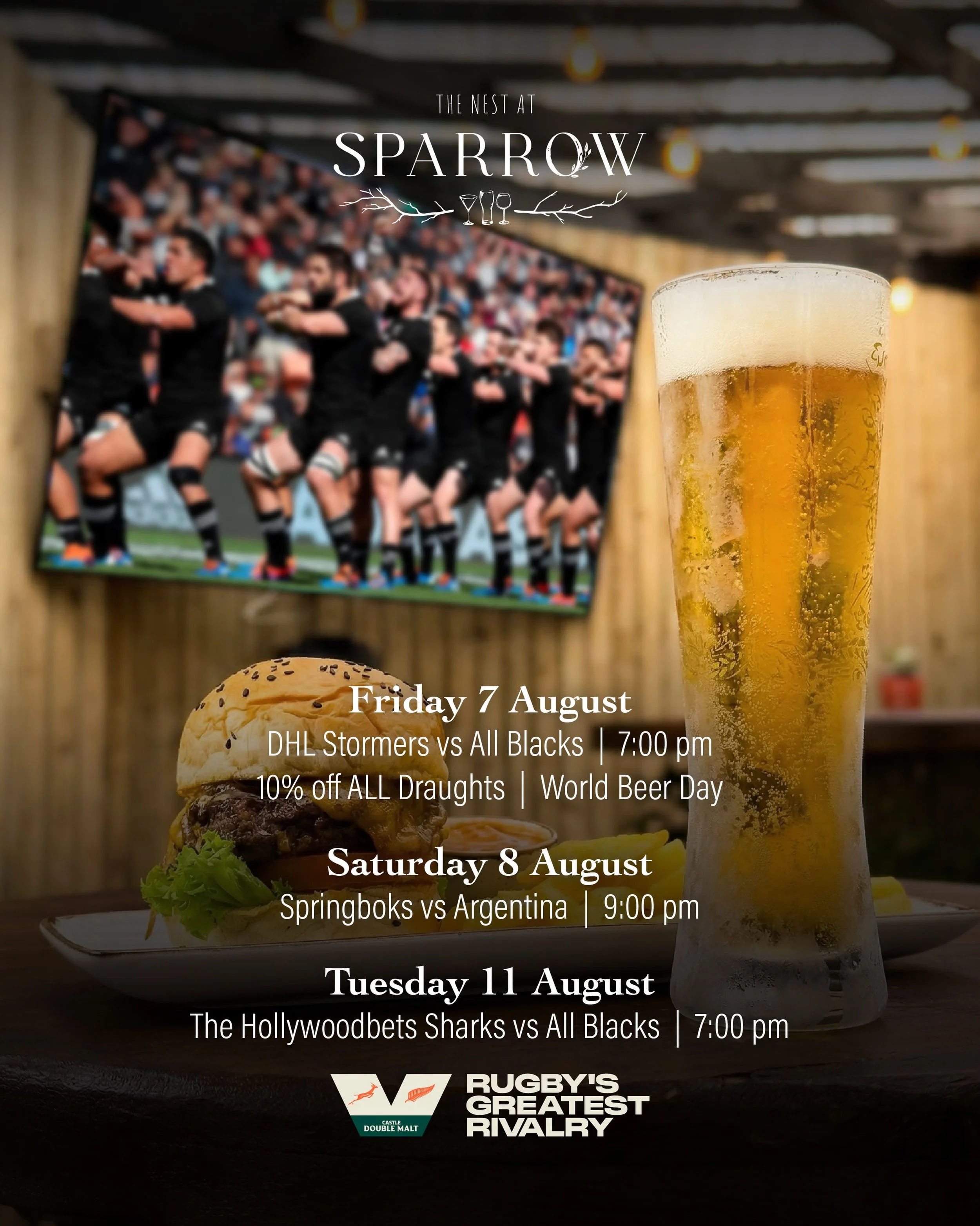 Catch every thrilling moment of this weekend&rsquo;s rugby action LIVE on the big screen at The Nest at Sparrow! 🏉🍻

It&rsquo;s also World Beer Day today, so celebrate with 10% OFF all draught beers while you cheer on your team! 🍺🎉

Fixtures:

🏉
