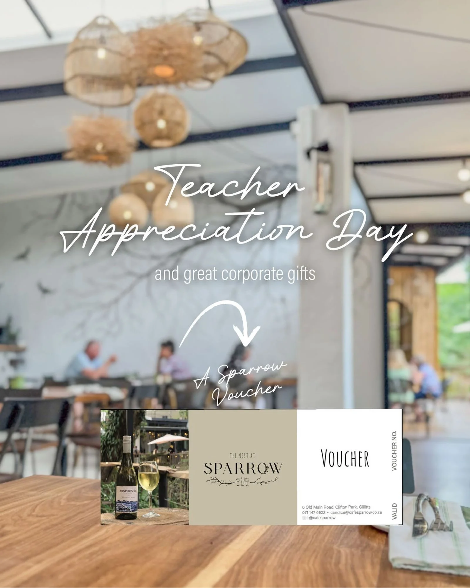 🍎 Teacher Appreciation Day is Monday, 5 October! 🍎

Show your teacher how much you appreciate everything they do with a gift they&rsquo;ll remember. 🎁☕ Treat them to a Caf&eacute; Sparrow voucher &mdash; because great teachers deserve a great trea