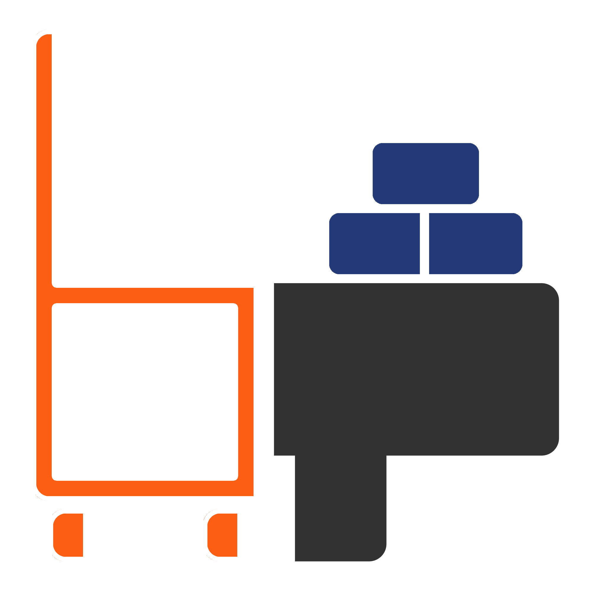 Flowchart diagram with interconnected boxes in orange, dark gray, and navy blue colors, illustrating a process or system.