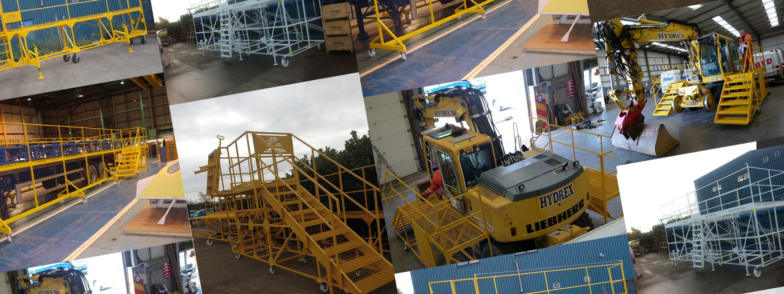 Multiple images of yellow industrial scaffolding and equipment, including a compact construction vehicle, inside a warehouse and outside in a yard.