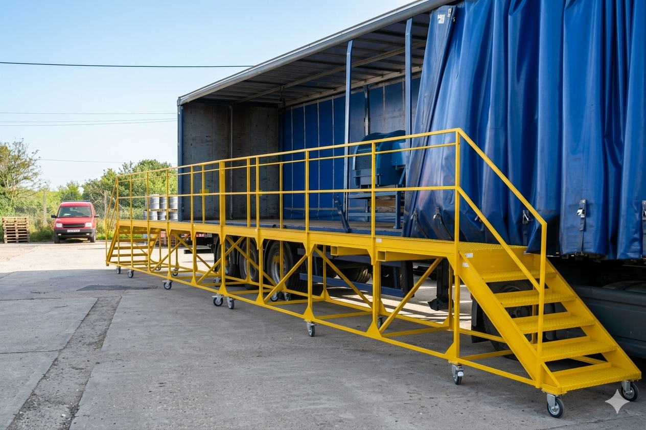 A yellow mobile warehouse or loading dock with stairs and railings, positioned next to a semi-truck with a blue tarp covering its cargo area, in an outdoor industrial setting.