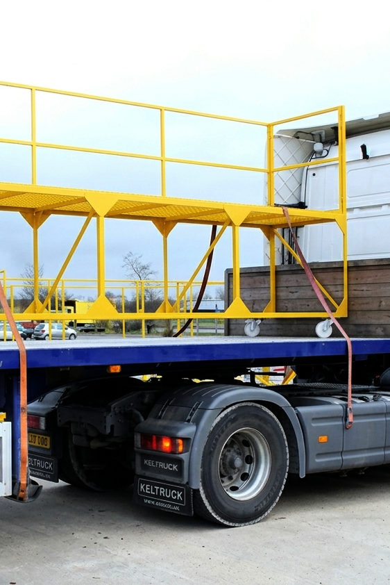 A truck with a yellow metal platform and safety railing on top. The truck has a black chassis and is parked outdoors.