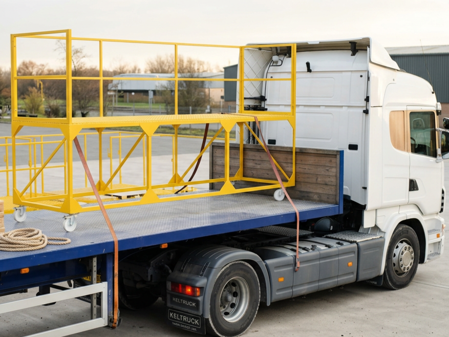 A white flatbed truck with a yellow scaffolding structure loaded on it, parked outdoors with trees and buildings in the background.