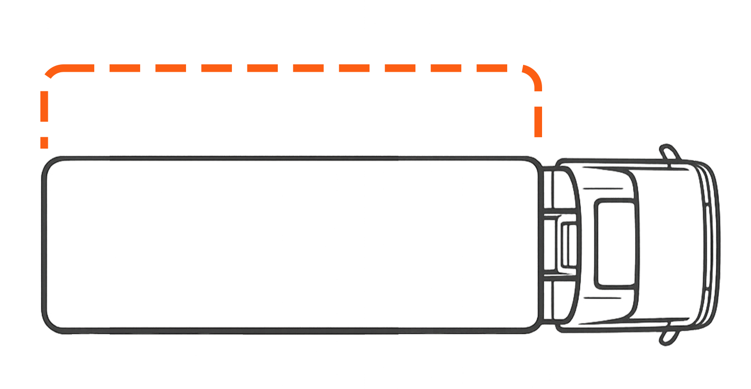 Top view of a delivery truck with a large orange cargo area.