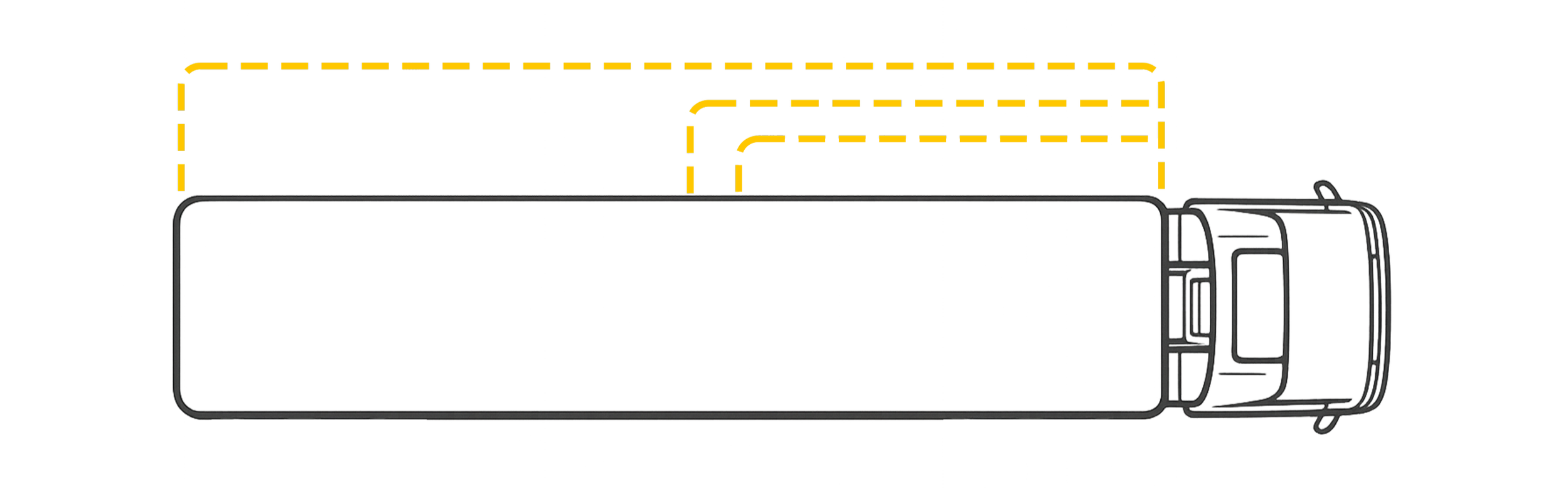 Top-down view of a black semi-truck with a cargo container, showing yellow and black safety markings.